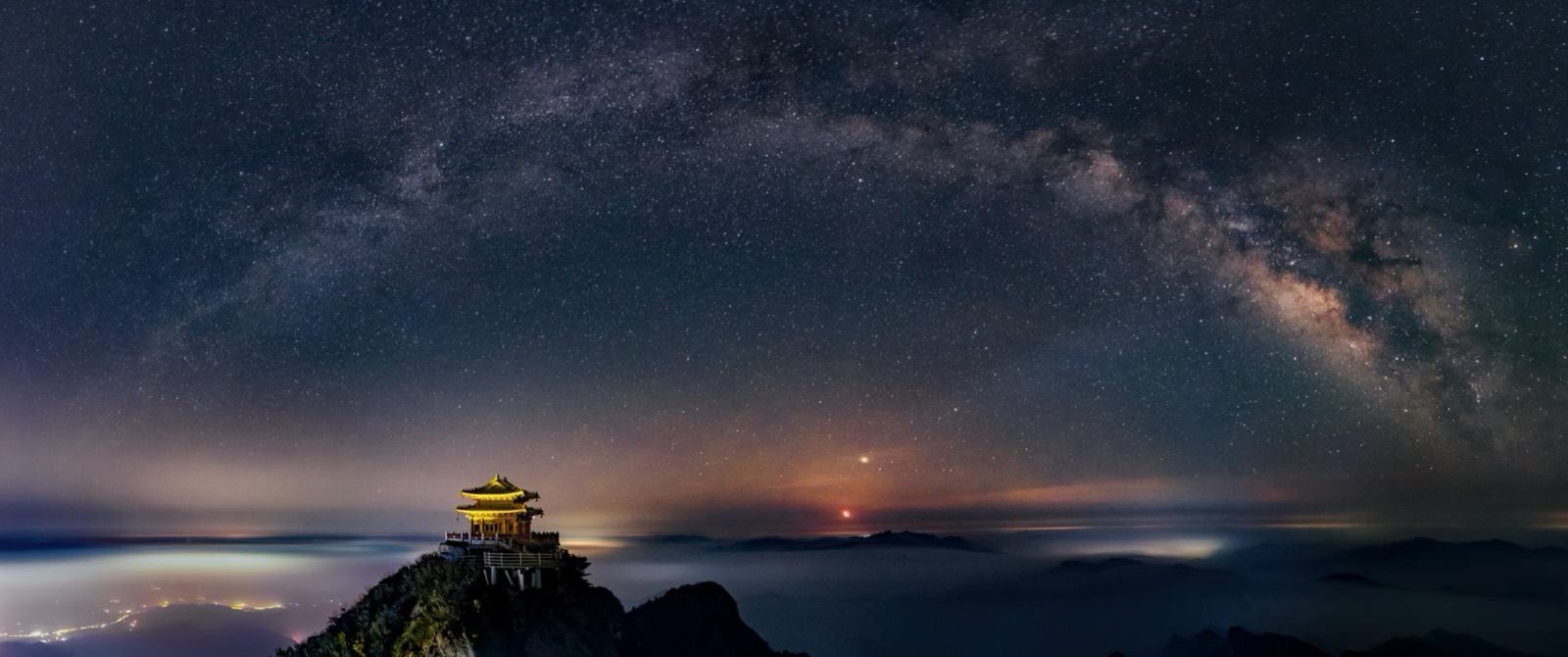 The Moon and Milky Way above the Golden Hall on Laojun Mountain